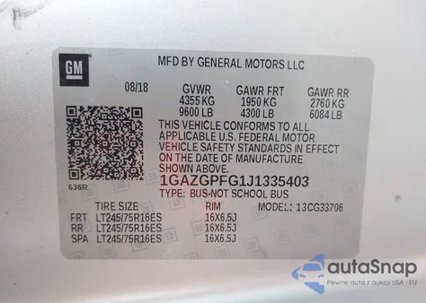 2018 Chevrolet Express 3500 Lt из США, поврежденный, VIN 1GAZGPFG1J1335403